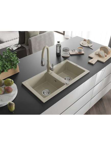 Mexen Mario zlewozmywak granitowy 2-komorowy z baterią kuchenną Savita, beżowy - 6504-69-672601-69, изображение 2