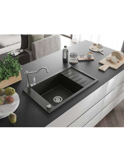 Mexen Elias zlewozmywak granitowy 1-komorowy z ociekaczem i baterią kuchenną Carla, czarny/złoty metalik - 6511-75-670700-00, 2 image