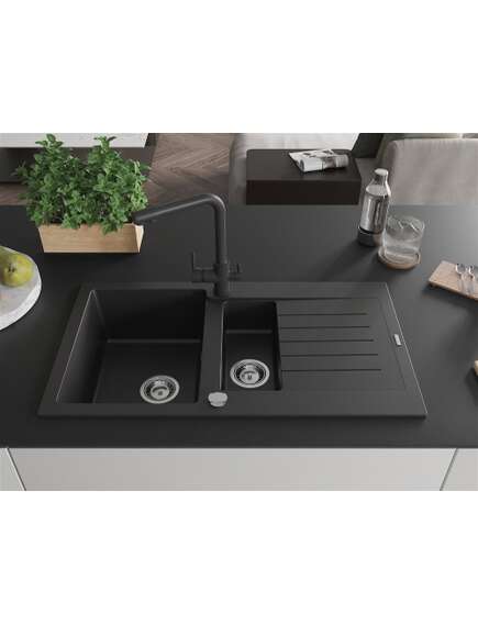 Mexen Matias zlewozmywak granitowy 1,5-komorowy z ociekaczem i baterią kuchenną Duero, czarny - 6502-77-671600-70, 3 image