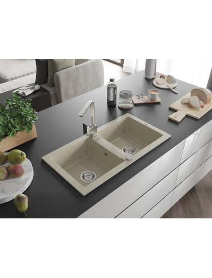 Mexen Mario zlewozmywak granitowy 2-komorowy z baterią kuchenną Rita, beżowy - 6504-69-670300-00, изображение 2