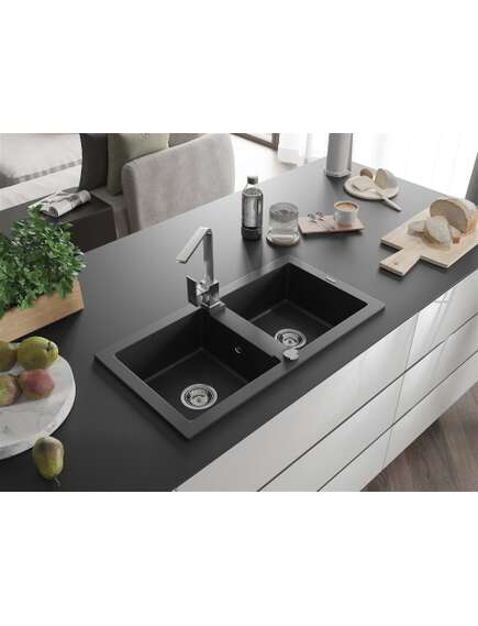 Mexen Mario zlewozmywak granitowy 2-komorowy z baterią kuchenną Rita, czarny - 6504-77-670300-00, 2 image