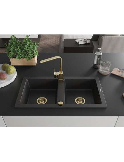 Mexen Mario zlewozmywak granitowy 2-komorowy z baterią kuchenną Rita, czarny/srebrny metalik - 6504-73-670300-50, изображение 3