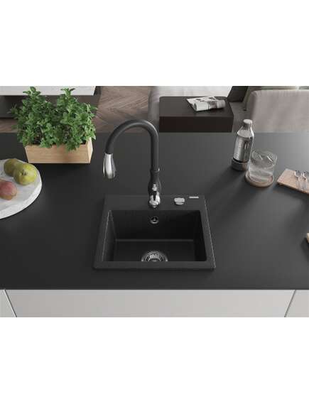 Mexen Milo zlewozmywak granitowy 1-komorowy z baterią kuchenną Savita, czarny/srebrny metalik- 6505-73-672601-70, 3 image