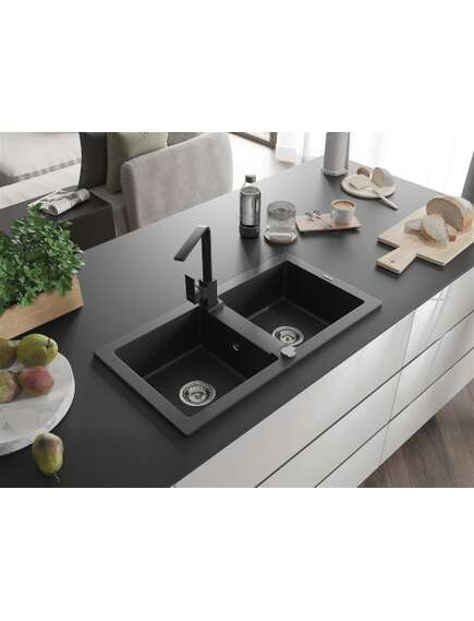 Mexen Mario zlewozmywak granitowy 2-komorowy z baterią kuchenną Rita, czarny/srebrny metalik - 6504-73-670300-70, изображение 2