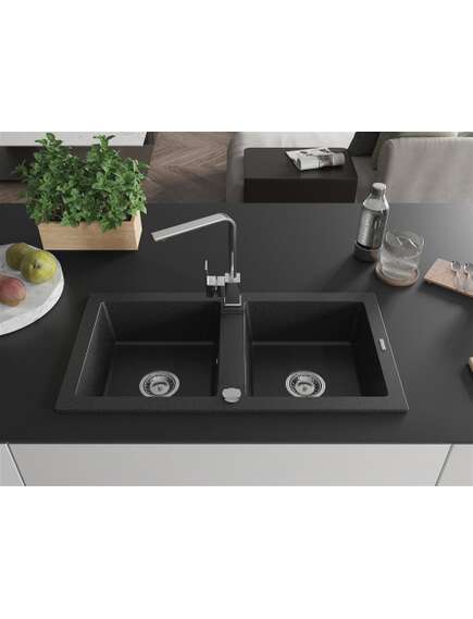 Mexen Mario zlewozmywak granitowy 2-komorowy z baterią kuchenną Rita, czarny/srebrny metalik - 6504-73-670300-00, изображение 3