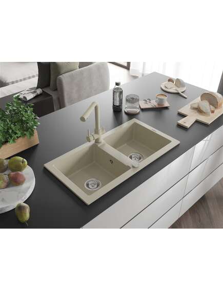Mexen Mario zlewozmywak granitowy 2-komorowy z baterią kuchenną Duero, beżowy - 6504-69-671600-69, изображение 2