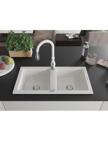Mexen Mario zlewozmywak granitowy 2-komorowy z baterią kuchenną Savita, biały - 6504-20-672601-20, изображение 3