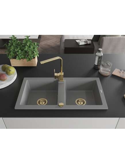 Mexen Mario zlewozmywak granitowy 2-komorowy z baterią kuchenną Rita, szary - 6504-71-670300-50, 3 image