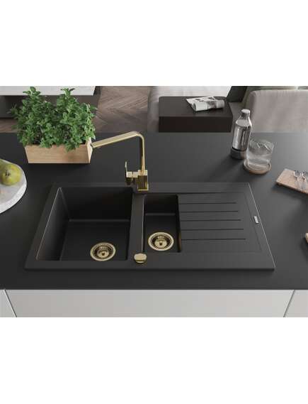 Mexen Matias zlewozmywak granitowy 1,5-komorowy z ociekaczem i baterią kuchenną Rita, czarny - 6502-77-670300-50, 3 image