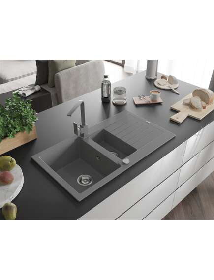 Mexen Matias zlewozmywak granitowy 1,5-komorowy z ociekaczem i baterią kuchenną Rita, szary - 6502-71-670300-71, 2 image