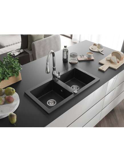 Mexen Mario zlewozmywak granitowy 2-komorowy z baterią kuchenną Savita, czarny/srebrny metalik - 6504-73-672601-00, 2 image