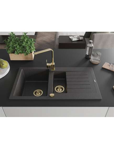 Mexen Matias zlewozmywak granitowy 1,5-komorowy z ociekaczem i baterią kuchenną Rita, czarny nakrapiany  - 6502-76-670300-50, изображение 3