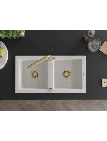 Mexen Mario zlewozmywak granitowy 2-komorowy z baterią kuchenną Duero, biały - 6504-20-671600-50, изображение 4