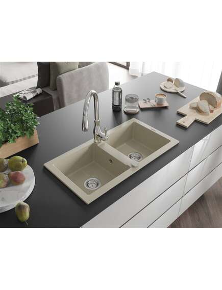 Mexen Mario zlewozmywak granitowy 2-komorowy z baterią kuchenną Savita, beżowy - 6504-69-672601-00, изображение 2