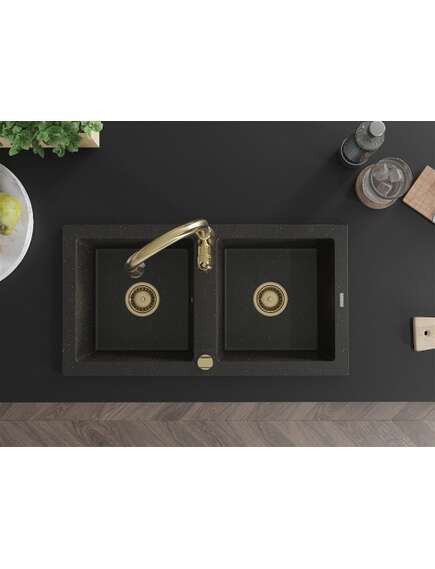Mexen Mario zlewozmywak granitowy 2-komorowy z baterią kuchenną Savita, czarny/złoty metalik - 6504-75-672601-50, 4 image