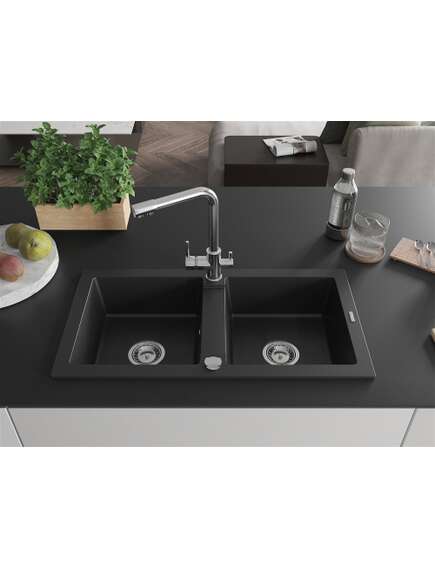 Mexen Mario zlewozmywak granitowy 2-komorowy z baterią kuchenną Duero, czarny - 6504-77-671600-00, 3 image
