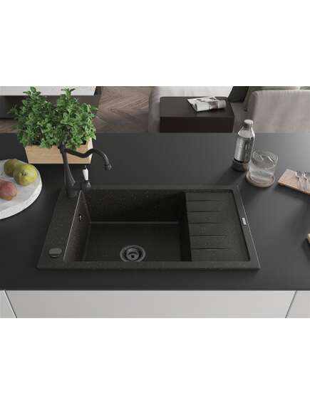 Mexen Elias zlewozmywak granitowy 1-komorowy z ociekaczem i baterią kuchenną Carla, czarny/złoty metalik - 6511-75-670700-70-B, 3 image