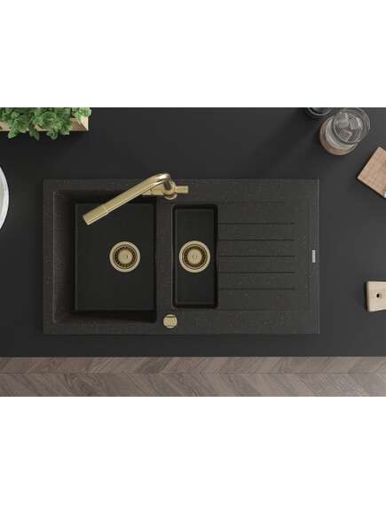 Mexen Matias zlewozmywak granitowy 1,5-komorowy z ociekaczem i baterią kuchenną Duero, czarny/złoty metalik - 6502-75-671600-50, изображение 4