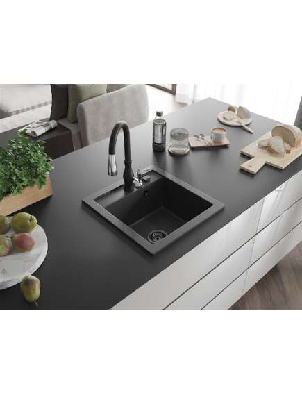 Mexen Vito zlewozmywak granitowy 1-komorowy z baterią kuchenną Savita, czarny nakrapiany - 6503-76-672601-70-B, изображение 2