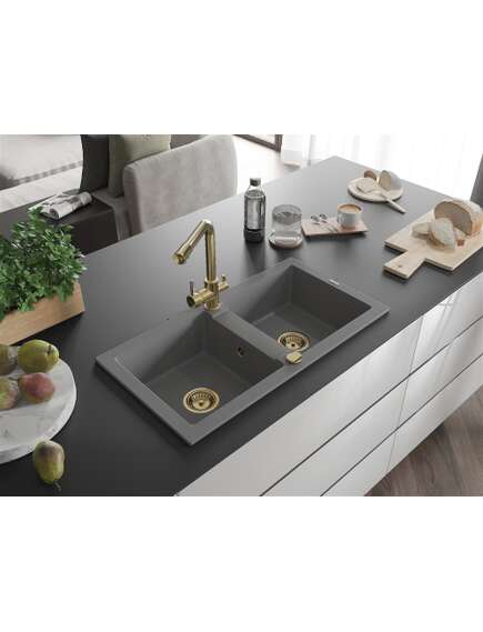 Mexen Mario zlewozmywak granitowy 2-komorowy z baterią kuchenną Duero, szary - 6504-71-671600-50, 2 image