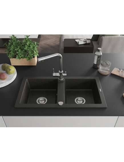 Mexen Mario zlewozmywak granitowy 2-komorowy z baterią kuchenną Duero, czarny/złoty metalik - 6504-75-671600-00, 3 image