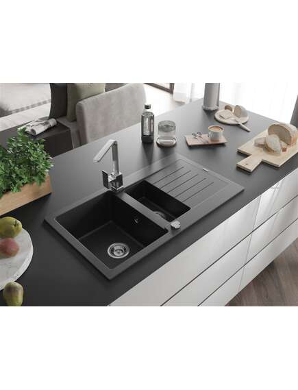 Mexen Matias zlewozmywak granitowy 1,5-komorowy z ociekaczem i baterią kuchenną Rita, czarny/srebrny metalik - 6502-73-670300-00, изображение 2