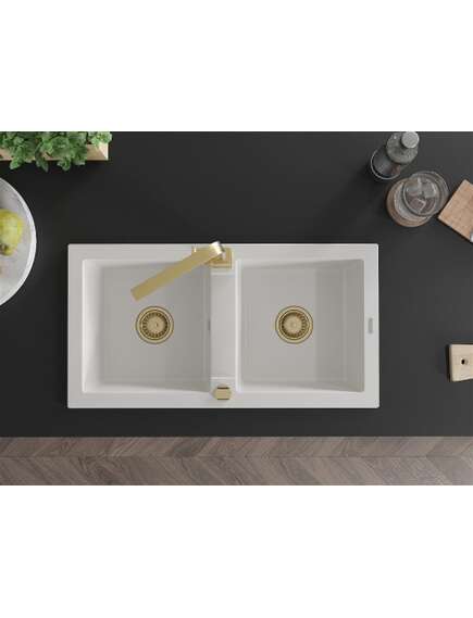 Mexen Mario zlewozmywak granitowy 2-komorowy z baterią kuchenną Rita, biały - 6504-20-670300-50, изображение 4