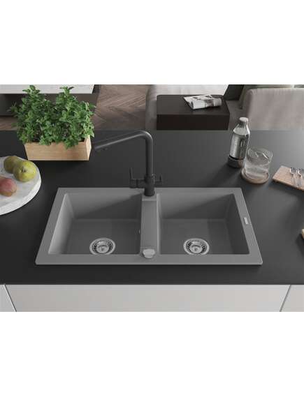 Mexen Mario zlewozmywak granitowy 2-komorowy z baterią kuchenną Duero, szary - 6504-71-671600-70, 3 image