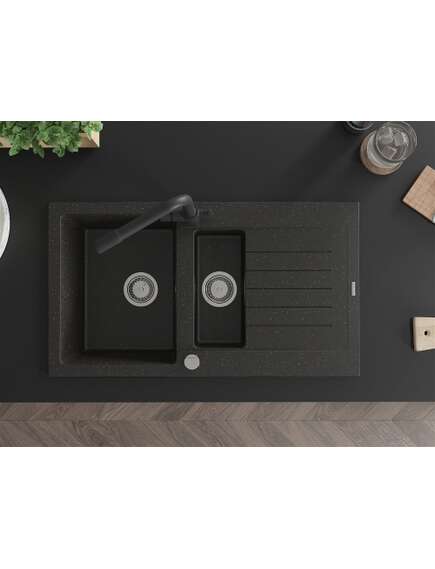 Mexen Matias zlewozmywak granitowy 1,5-komorowy z ociekaczem i baterią kuchenną Duero, czarny/złoty metalik - 6502-75-671600-70, изображение 4