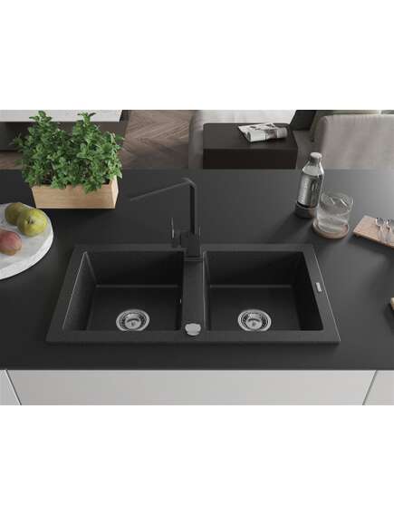 Mexen Mario zlewozmywak granitowy 2-komorowy z baterią kuchenną Rita, czarny/złoty metalik - 6504-75-670300-70, 3 image