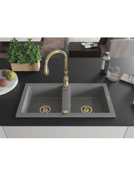 Mexen Mario zlewozmywak granitowy 2-komorowy z baterią kuchenną Savita, szary - 6504-71-672601-50, 3 image