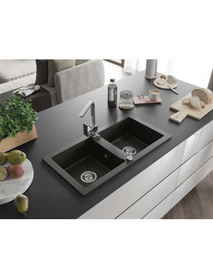 Mexen Mario zlewozmywak granitowy 2-komorowy z baterią kuchenną Rita, czarny/złoty metalik - 6504-75-670300-00, 2 image