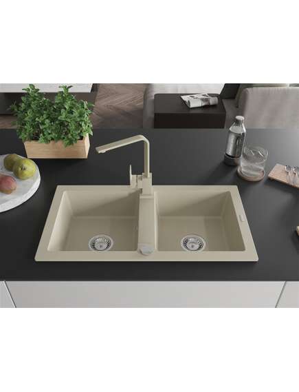 Mexen Mario zlewozmywak granitowy 2-komorowy z baterią kuchenną Rita, beżowy - 6504-69-670300-69, изображение 3