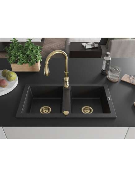 Mexen Mario zlewozmywak granitowy 2-komorowy z baterią kuchenną Savita, czarny/srebrny metalik - 6504-73-672601-50, 3 image