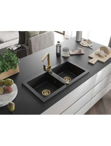 Mexen Mario zlewozmywak granitowy 2-komorowy z baterią kuchenną Rita, czarny - 6504-77-670300-50, 2 image