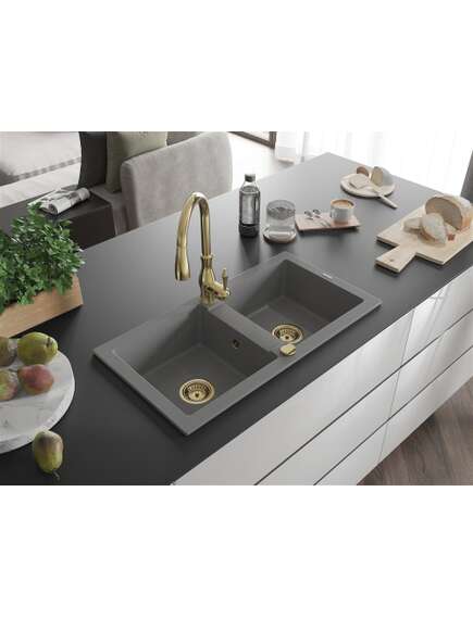Mexen Mario zlewozmywak granitowy 2-komorowy z baterią kuchenną Savita, szary - 6504-71-672601-50, 2 image