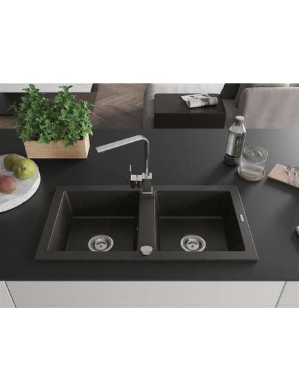 Mexen Mario zlewozmywak granitowy 2-komorowy z baterią kuchenną Rita, czarny/złoty metalik - 6504-75-670300-00, 3 image
