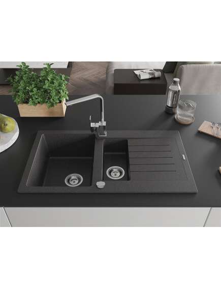 Mexen Matias zlewozmywak granitowy 1,5-komorowy z ociekaczem i baterią kuchenną Rita, czarny nakrapiany  - 6502-76-670300-00, изображение 3