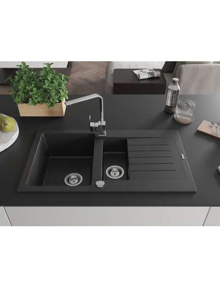 Mexen Matias zlewozmywak granitowy 1,5-komorowy z ociekaczem i baterią kuchenną Rita, czarny/srebrny metalik - 6502-73-670300-00, изображение 3