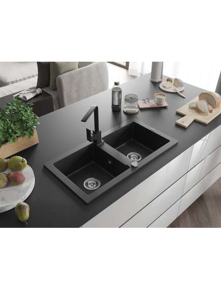 Mexen Mario zlewozmywak granitowy 2-komorowy z baterią kuchenną Rita, czarny/złoty metalik - 6504-75-670300-70, 2 image