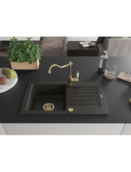 Mexen Pablo zlewozmywak granitowy 1-komorowy z ociekaczem i baterią kuchenną Carla, czarny/złoty metalik - 6510-75-670700-50, изображение 3