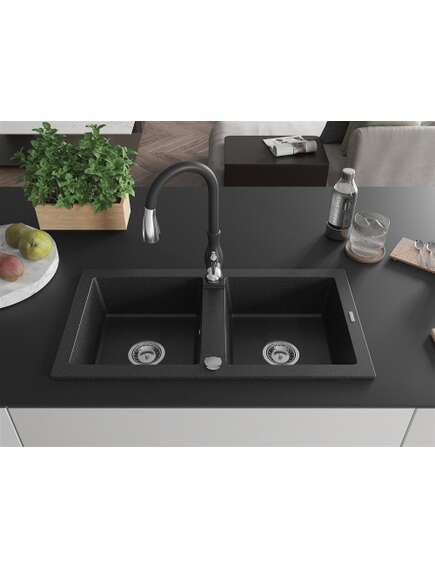 Mexen Mario zlewozmywak granitowy 2-komorowy z baterią kuchenną Savita, czarny/srebrny metalik - 6504-73-672601-70, 3 image