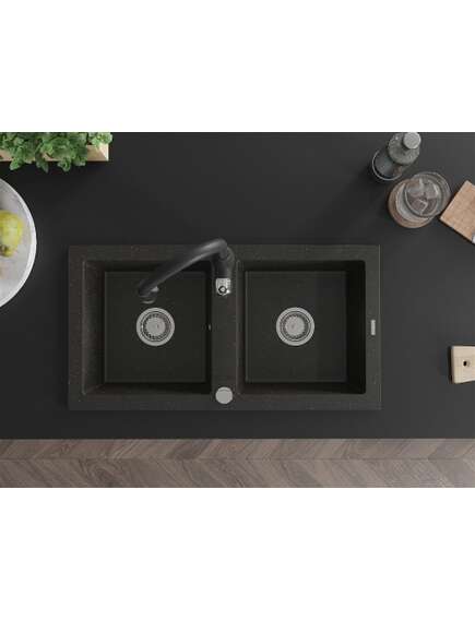 Mexen Mario zlewozmywak granitowy 2-komorowy z baterią kuchenną Savita, czarny/złoty metalik - 6504-75-672601-70, 4 image