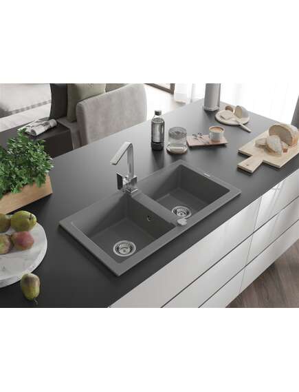 Mexen Mario zlewozmywak granitowy 2-komorowy z baterią kuchenną Rita, szary - 6504-71-670300-00, 2 image