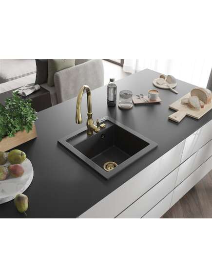 Mexen Vito zlewozmywak granitowy 1-komorowy z baterią kuchenną Savita, czarny nakrapiany - 6503-76-672601-50, изображение 2