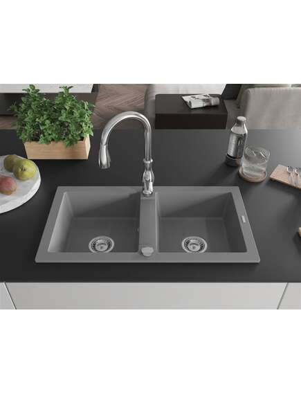 Mexen Mario zlewozmywak granitowy 2-komorowy z baterią kuchenną Savita, szary - 6504-71-672601-00, 3 image