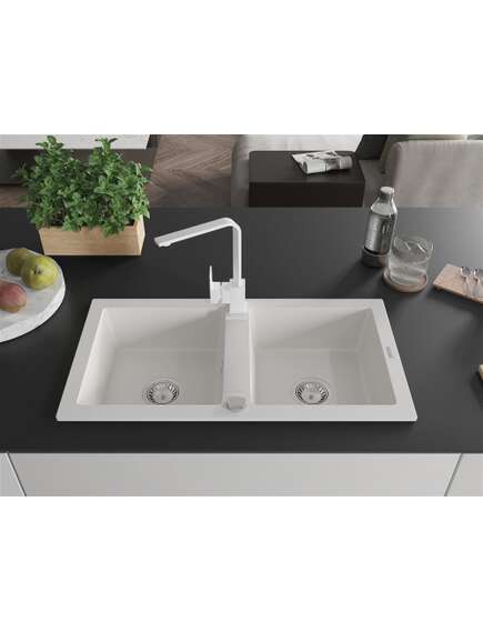 Mexen Mario zlewozmywak granitowy 2-komorowy z baterią kuchenną Rita, biały - 6504-20-670300-20, изображение 3