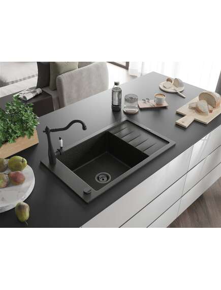 Mexen Elias zlewozmywak granitowy 1-komorowy z ociekaczem i baterią kuchenną Carla, czarny/złoty metalik - 6511-75-670700-70-B, 2 image