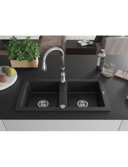 Mexen Mario zlewozmywak granitowy 2-komorowy z baterią kuchenną Savita, czarny - 6504-77-672601-00, изображение 3