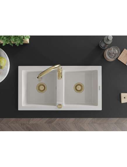 Mexen Mario zlewozmywak granitowy 2-komorowy z baterią kuchenną Savita, biały - 6504-20-672601-50, изображение 4